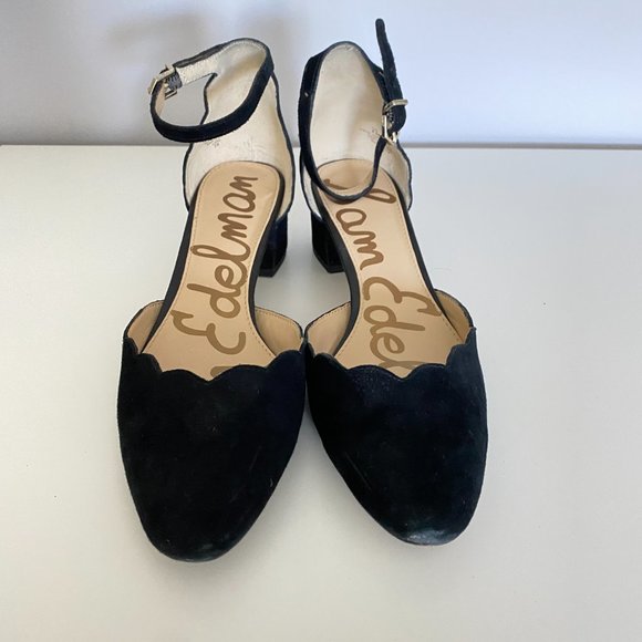 Sam Edelman Black Suede Ankle Strap Heels Scalloped Trim Size 6.5 - Picture 2 of 7
